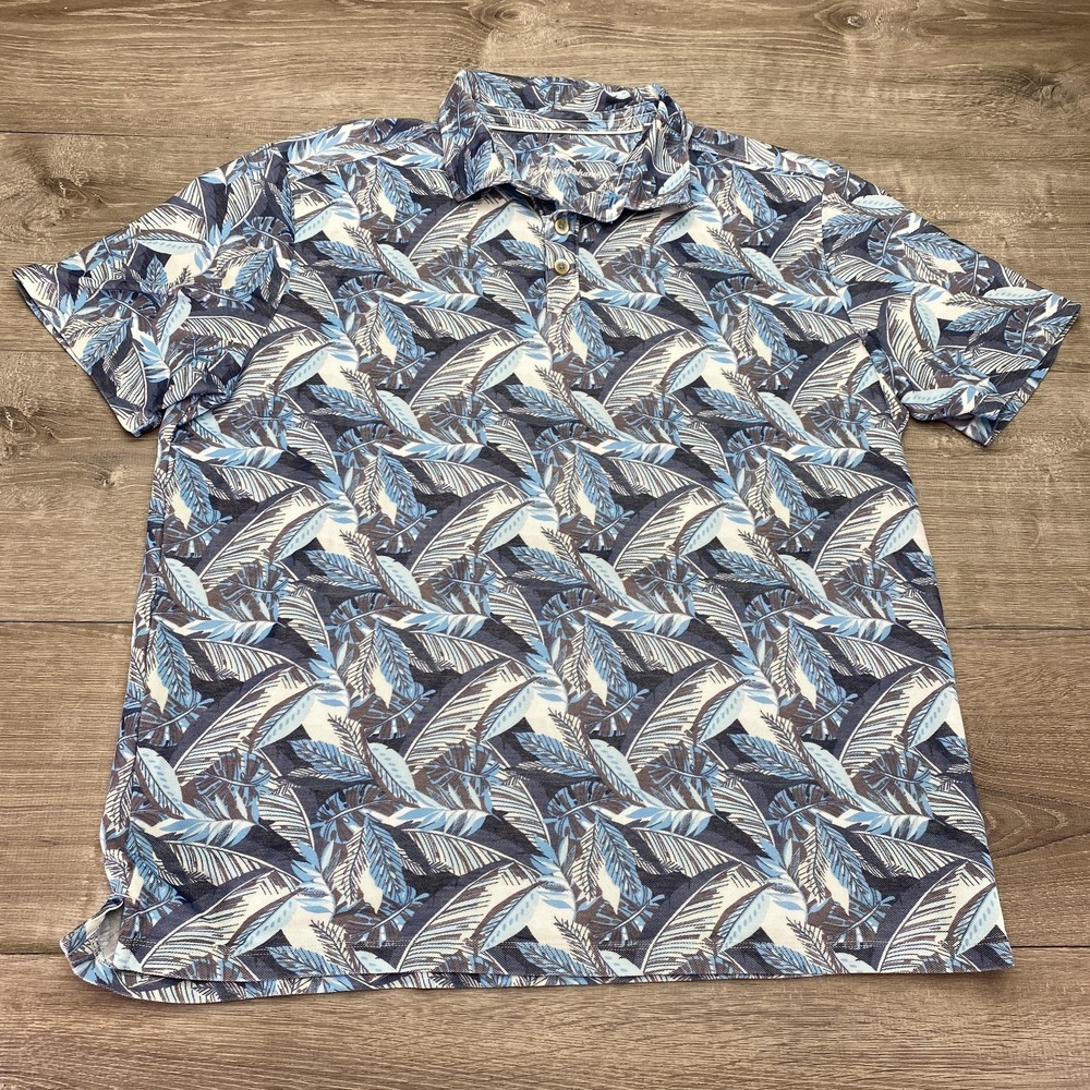 Tommy Bahama Polo Shirt Mens XL Blue Hawaiian Leaf Knit Polo Tropical